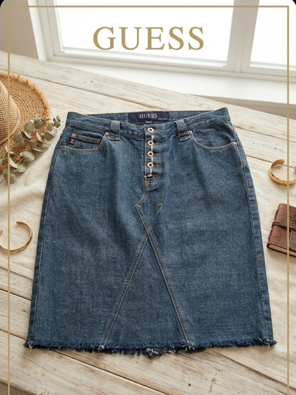 GUESS Blue Denim Button-Front Pencil Skirt with Frayed Hem
